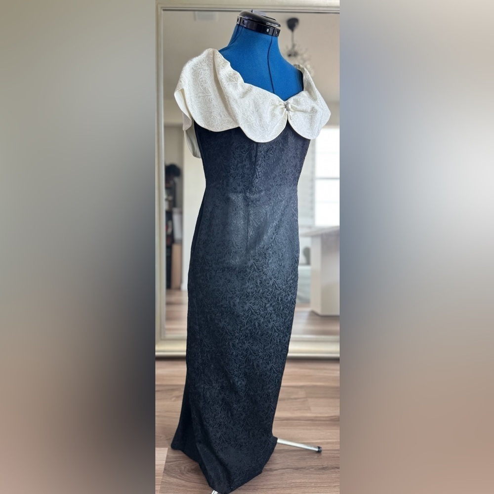 Vintage 80s 90s Edwardian Cape Brocade Black White Formal Cocktail Maxi Dress